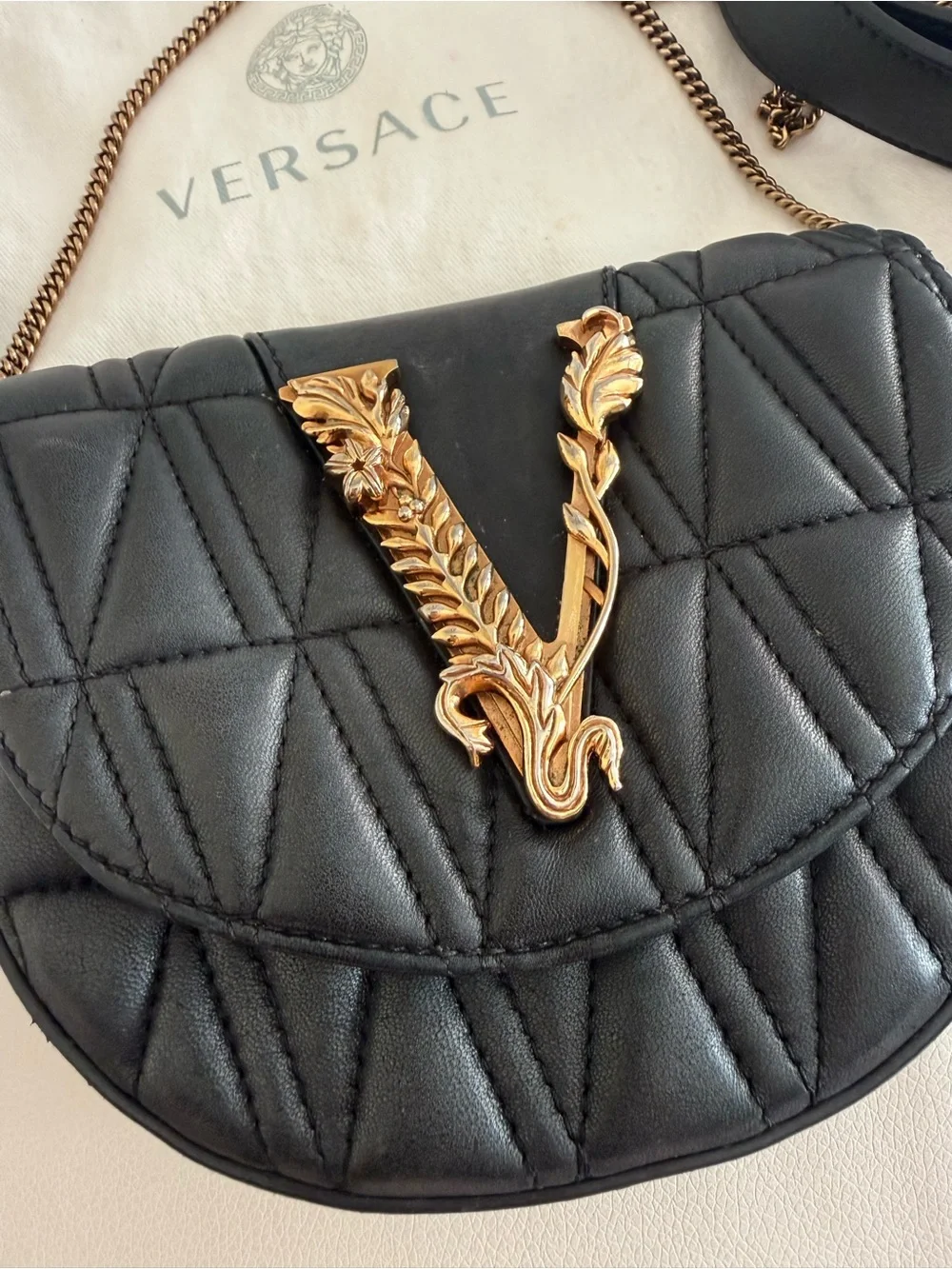 Versace Black Quilted Leather Crossbody with Gold V Accent